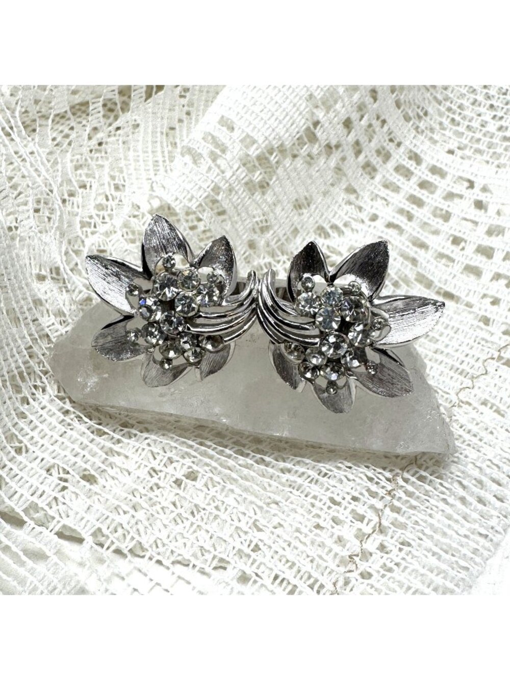 Vintage Crown Trifari Silver-Tone Flower Clip-On Earrings With Rhinestones